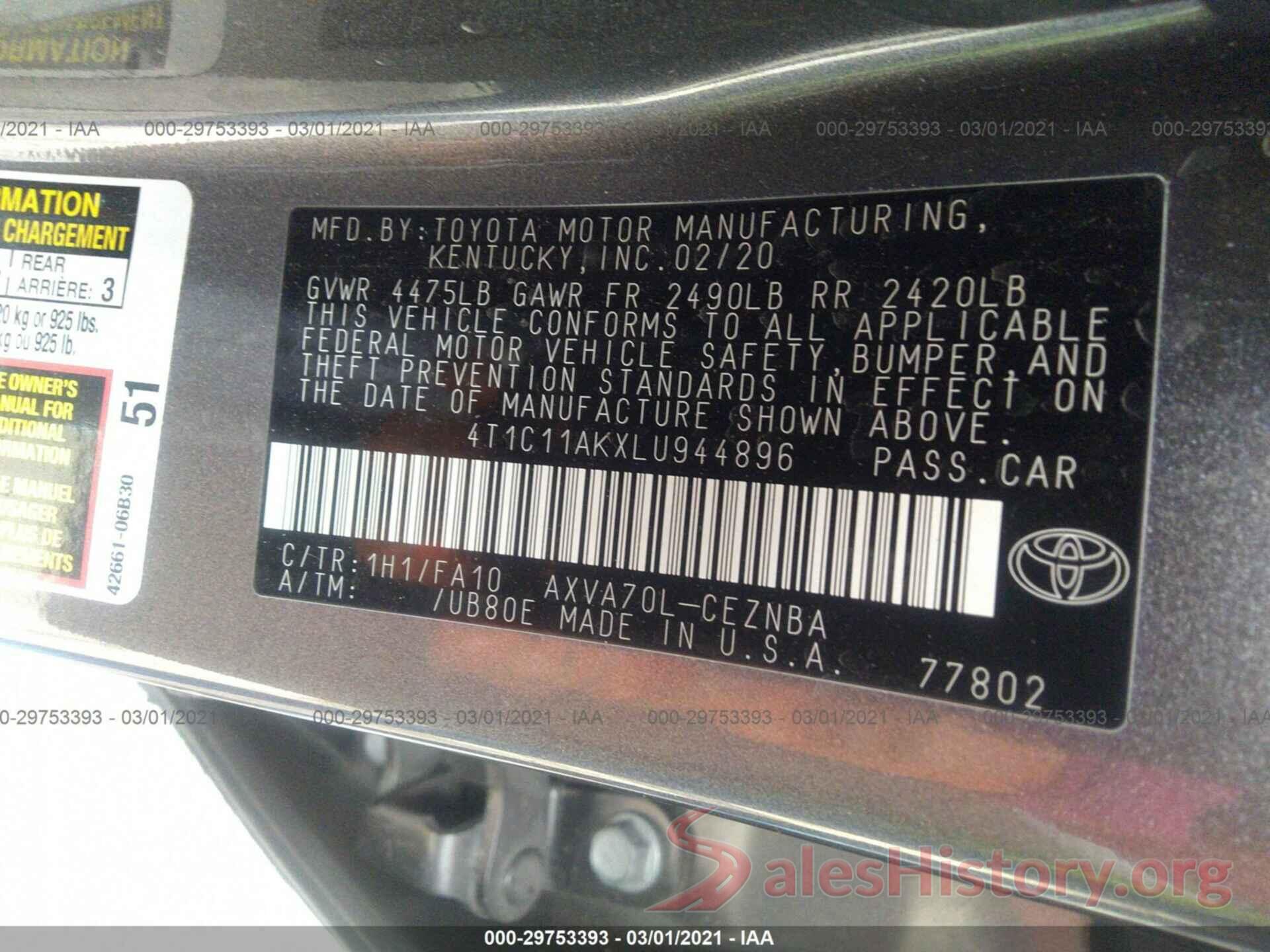 4T1C11AKXLU944896 2020 TOYOTA CAMRY