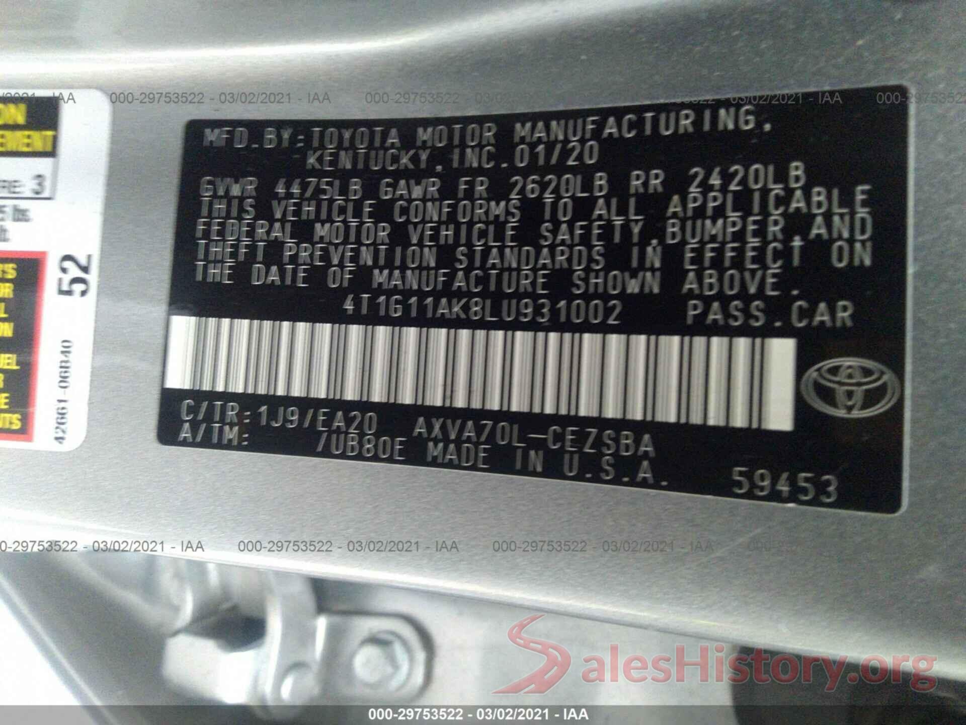 4T1G11AK8LU931002 2020 TOYOTA CAMRY