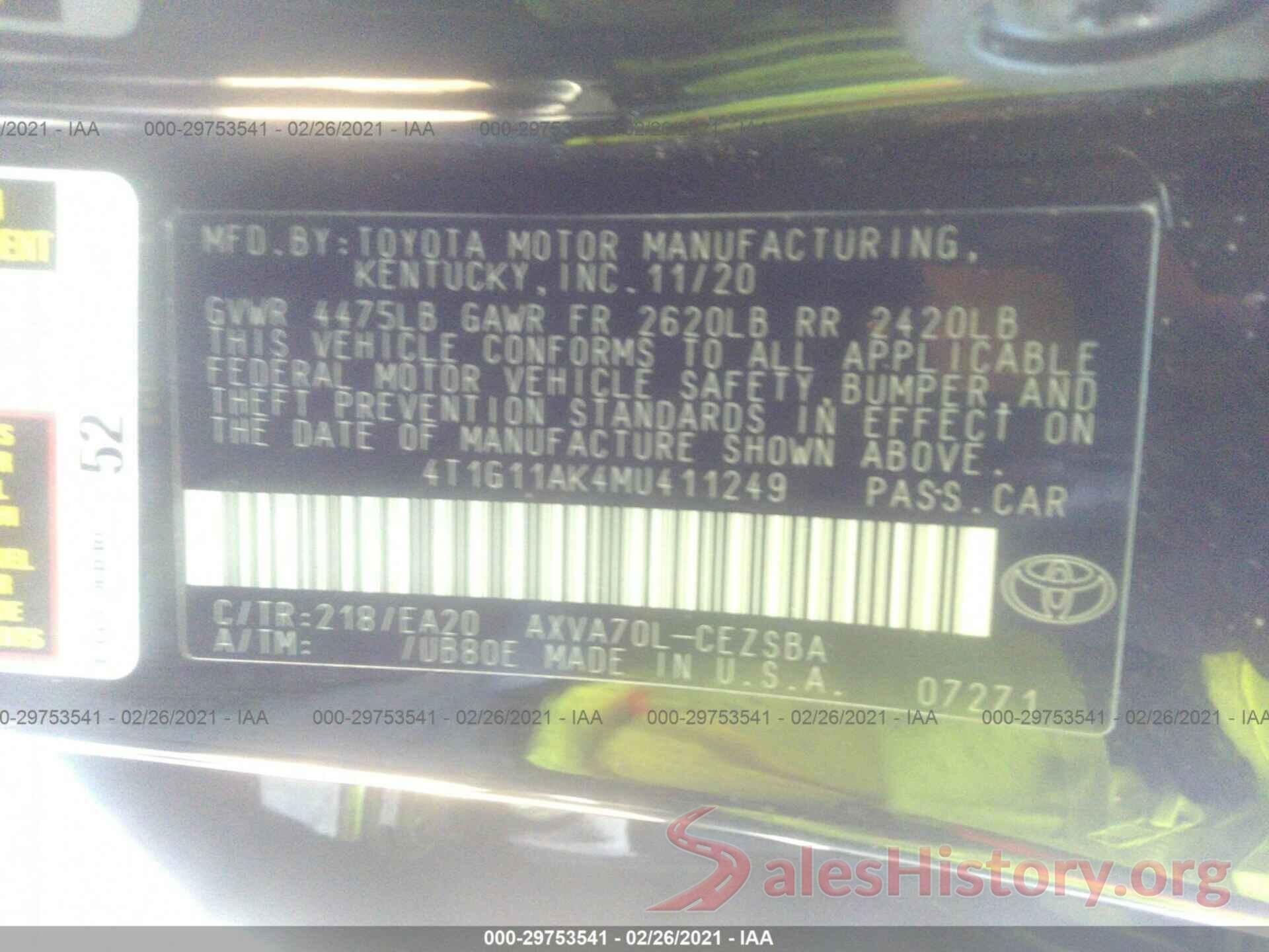 4T1G11AK4MU411249 2021 TOYOTA CAMRY