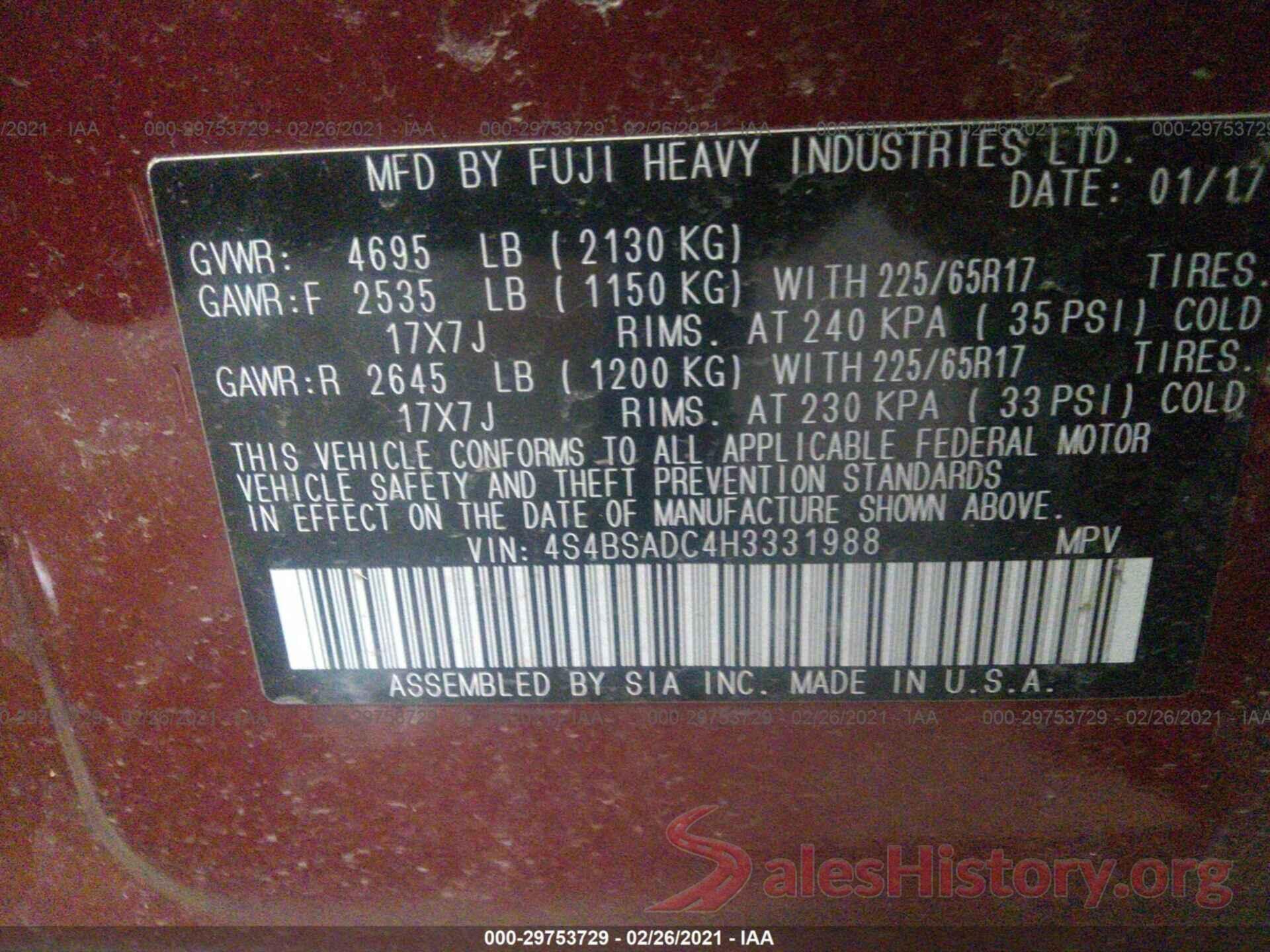 4S4BSADC4H3331988 2017 SUBARU OUTBACK