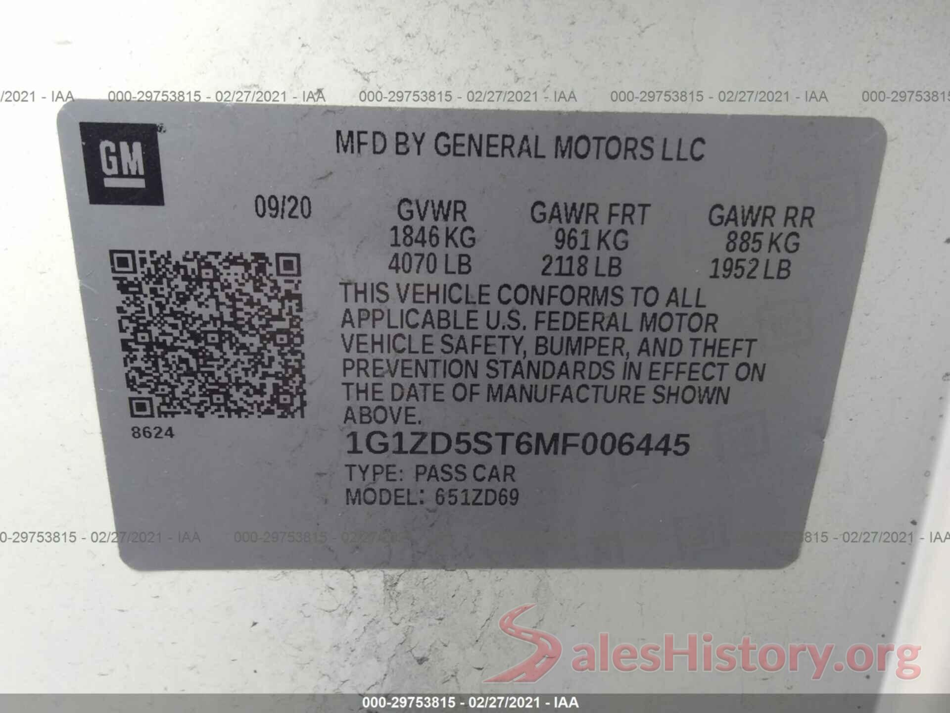 1G1ZD5ST6MF006445 2021 CHEVROLET MALIBU