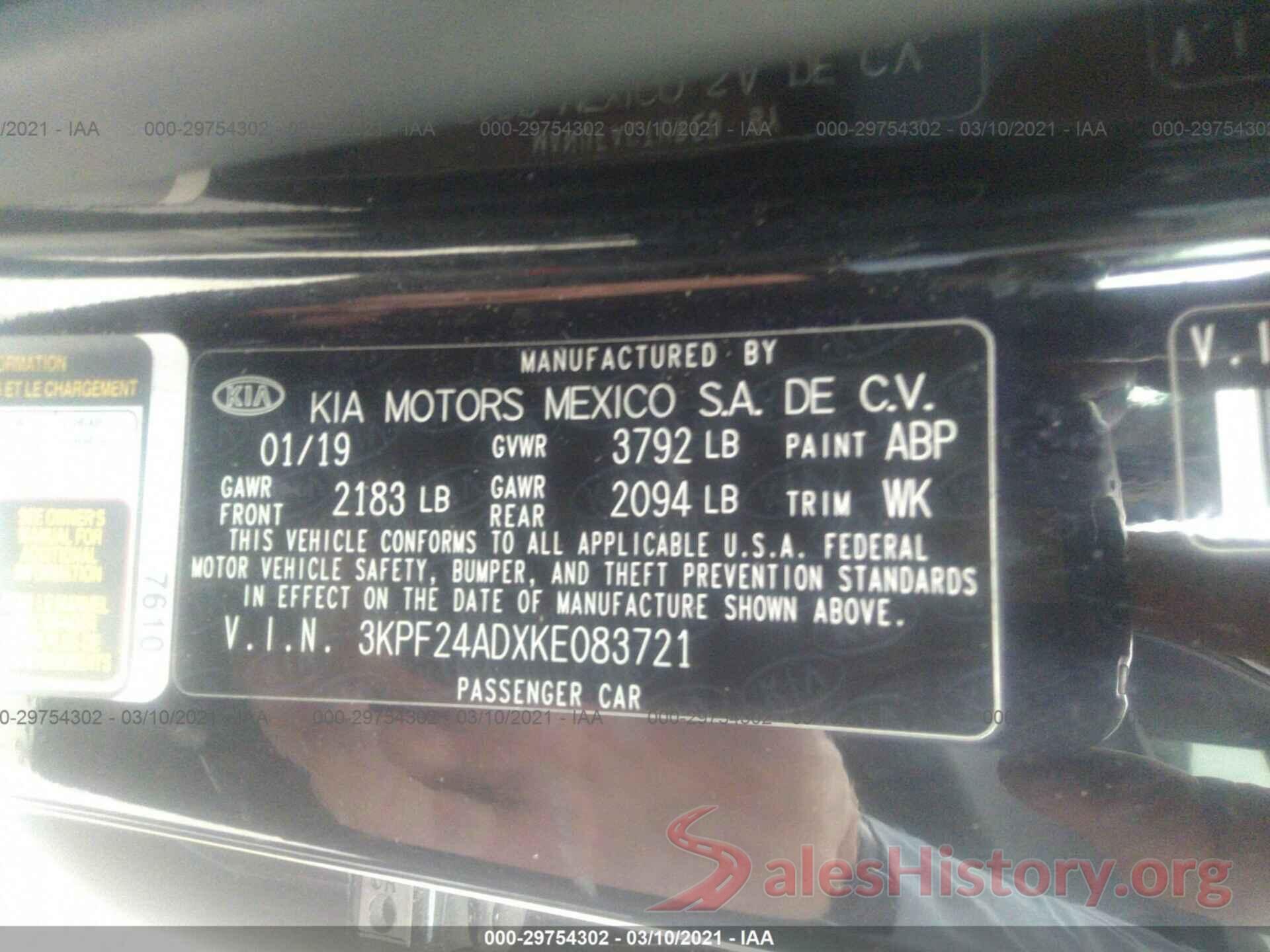 3KPF24ADXKE083721 2019 KIA FORTE