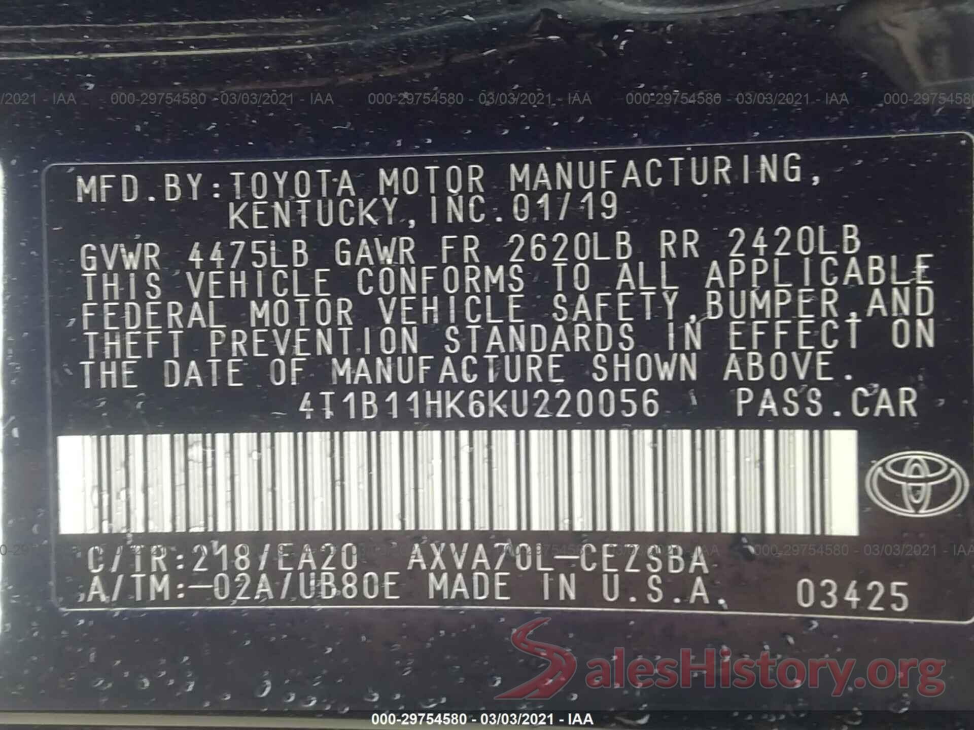 4T1B11HK6KU220056 2019 TOYOTA CAMRY