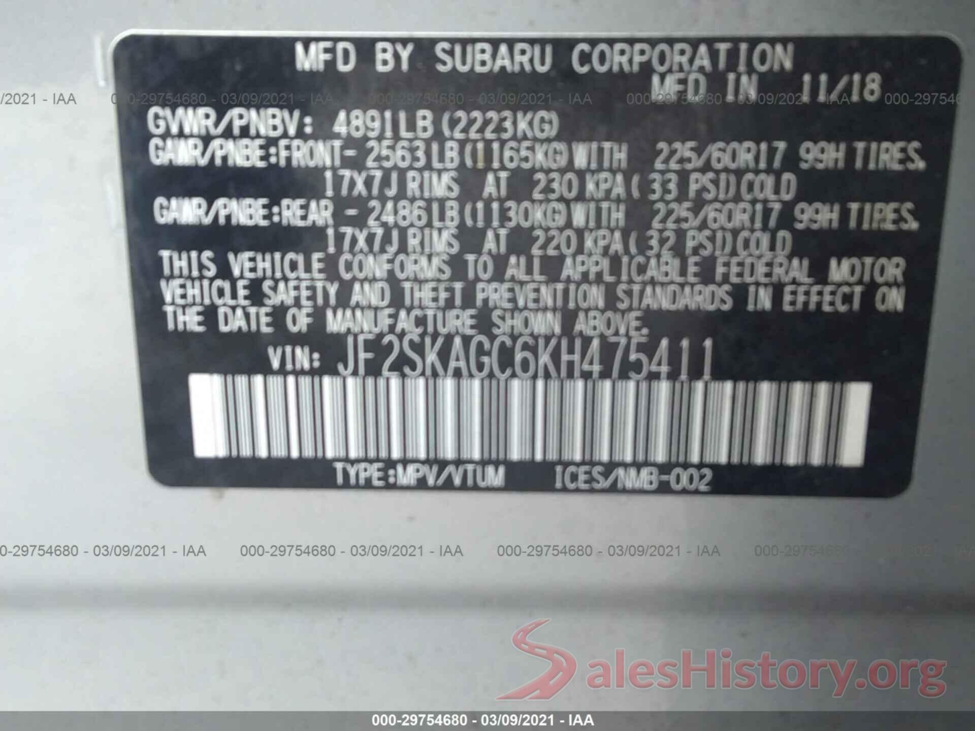 JF2SKAGC6KH475411 2019 SUBARU FORESTER