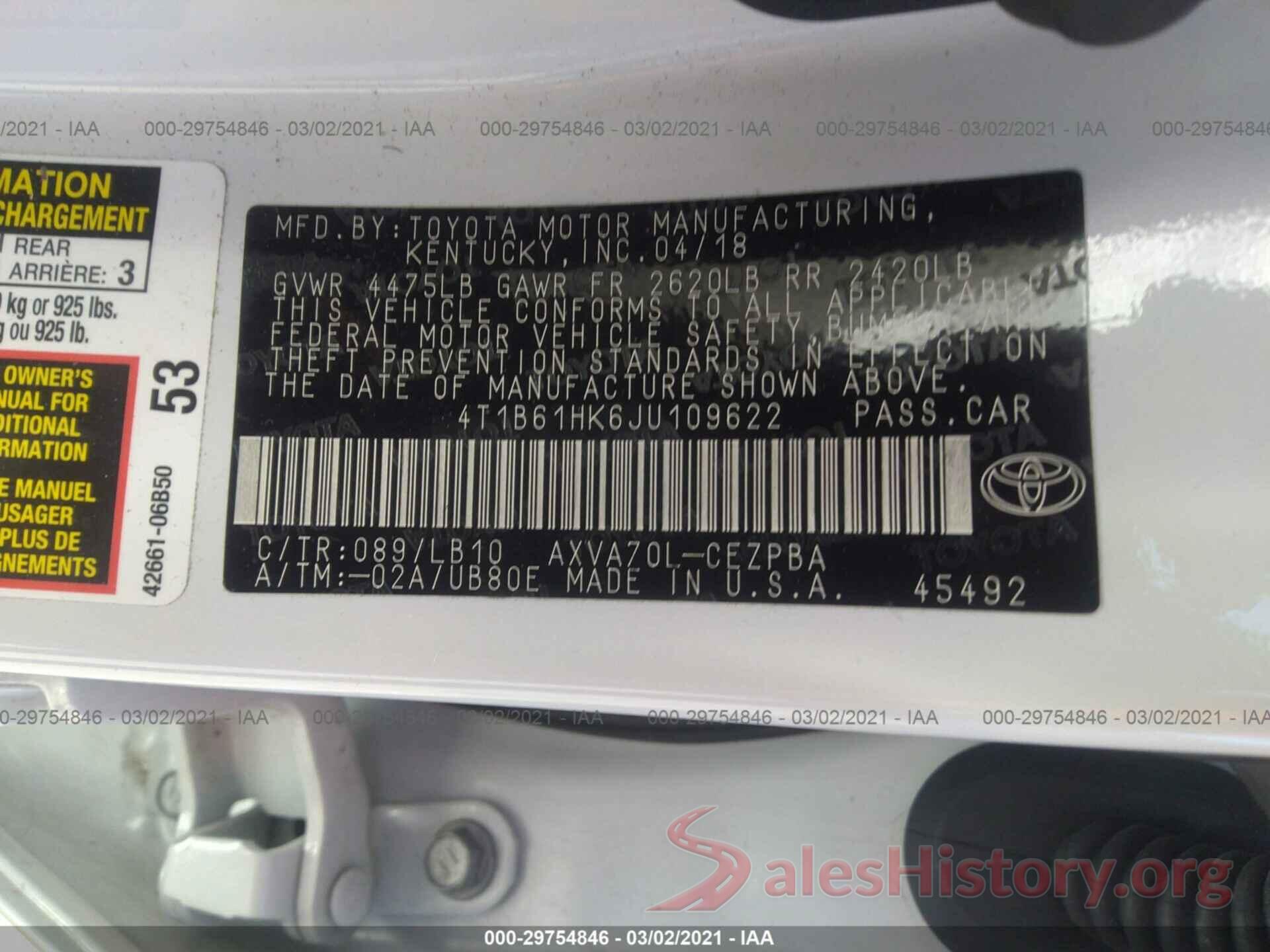 4T1B61HK6JU109622 2018 TOYOTA CAMRY