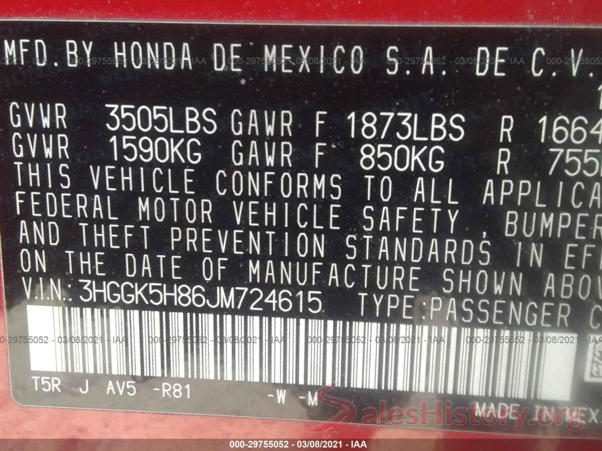 3HGGK5H86JM724615 2018 HONDA FIT