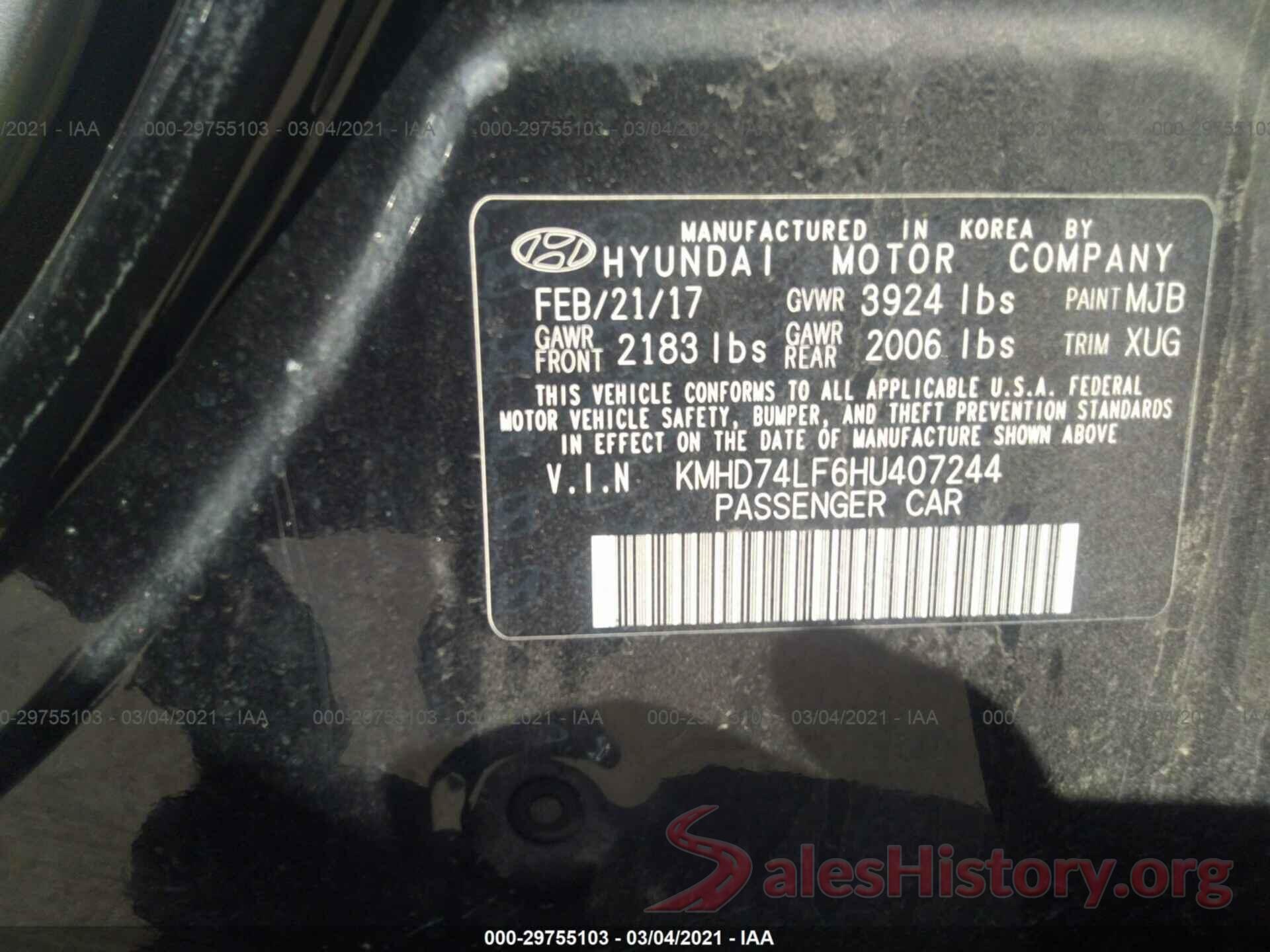 KMHD74LF6HU407244 2017 HYUNDAI ELANTRA