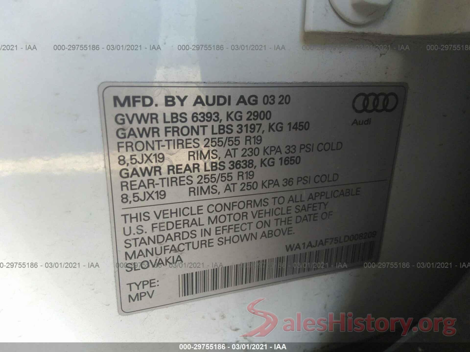 WA1AJAF75LD008209 2020 AUDI Q7