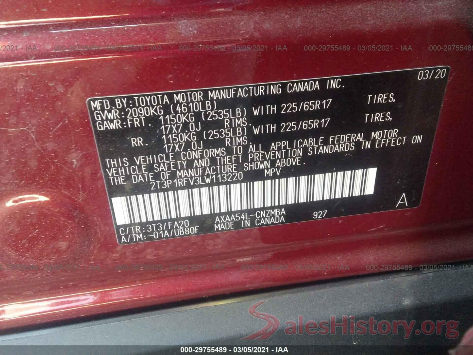 2T3P1RFV3LW113220 2020 TOYOTA RAV4