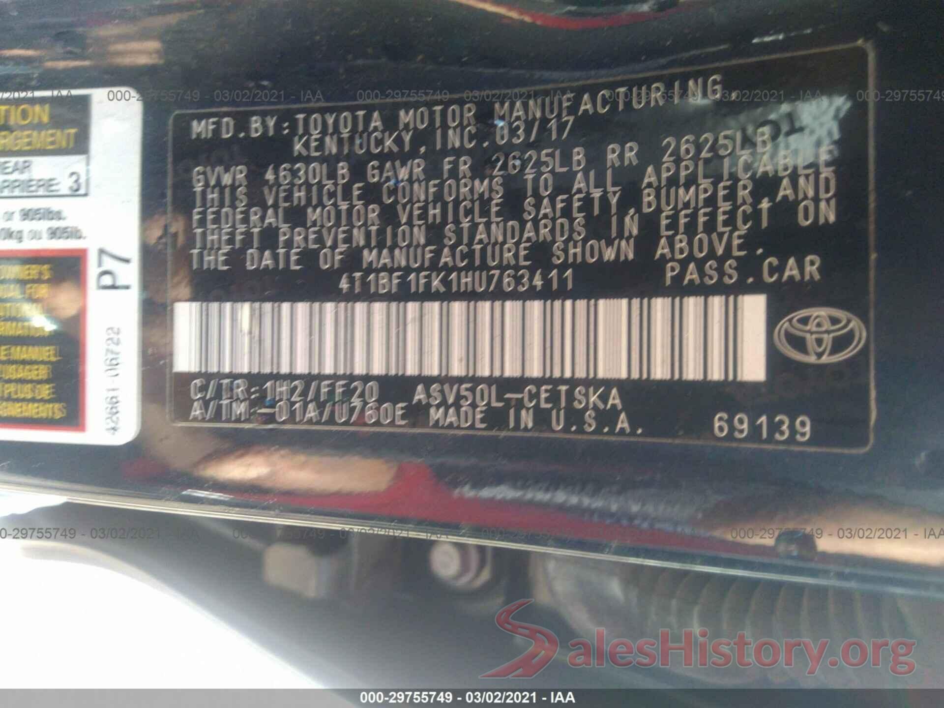 4T1BF1FK1HU763411 2017 TOYOTA CAMRY