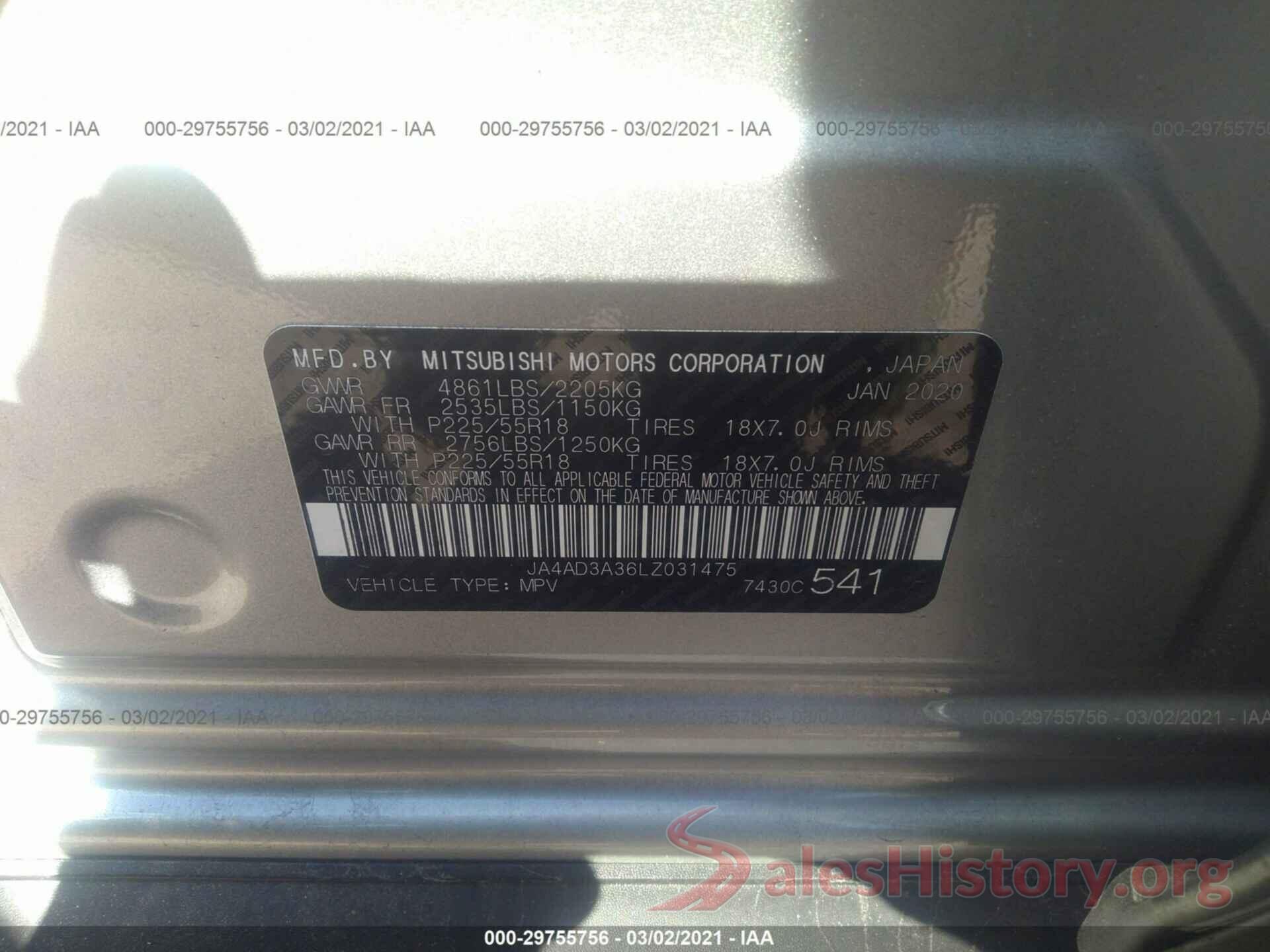 JA4AD3A36LZ031475 2020 MITSUBISHI OUTLANDER