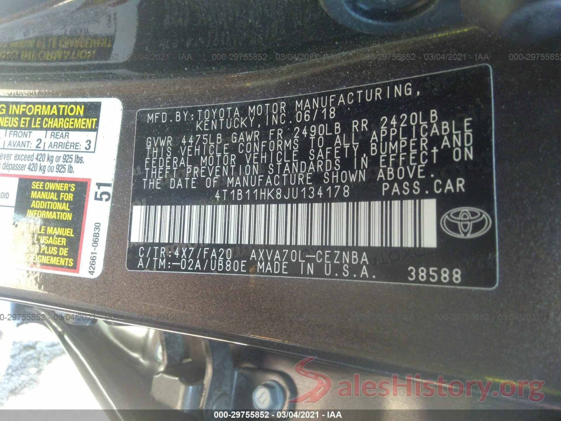 4T1B11HK8JU134178 2018 TOYOTA CAMRY