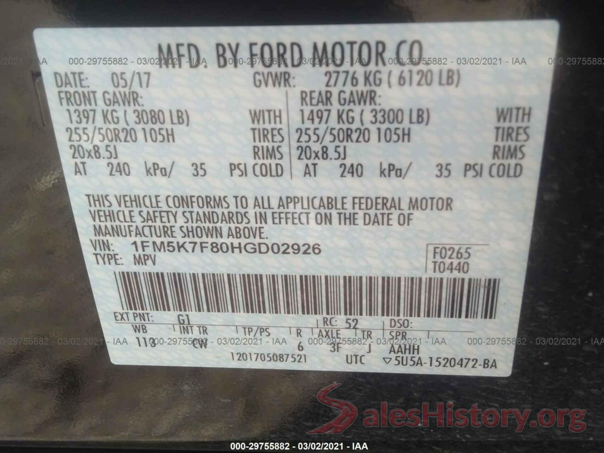 1FM5K7F80HGD02926 2017 FORD EXPLORER