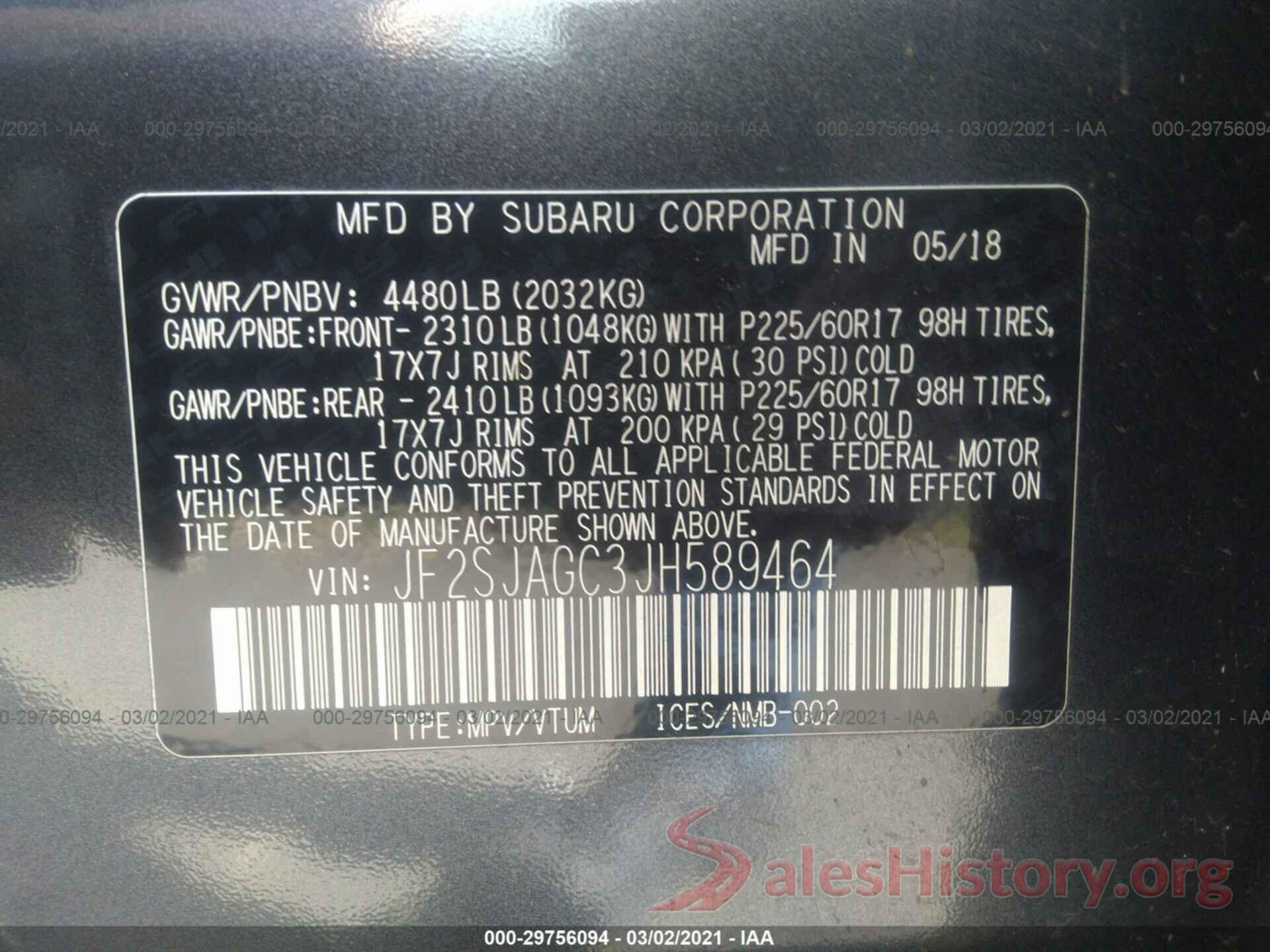 JF2SJAGC3JH589464 2018 SUBARU FORESTER