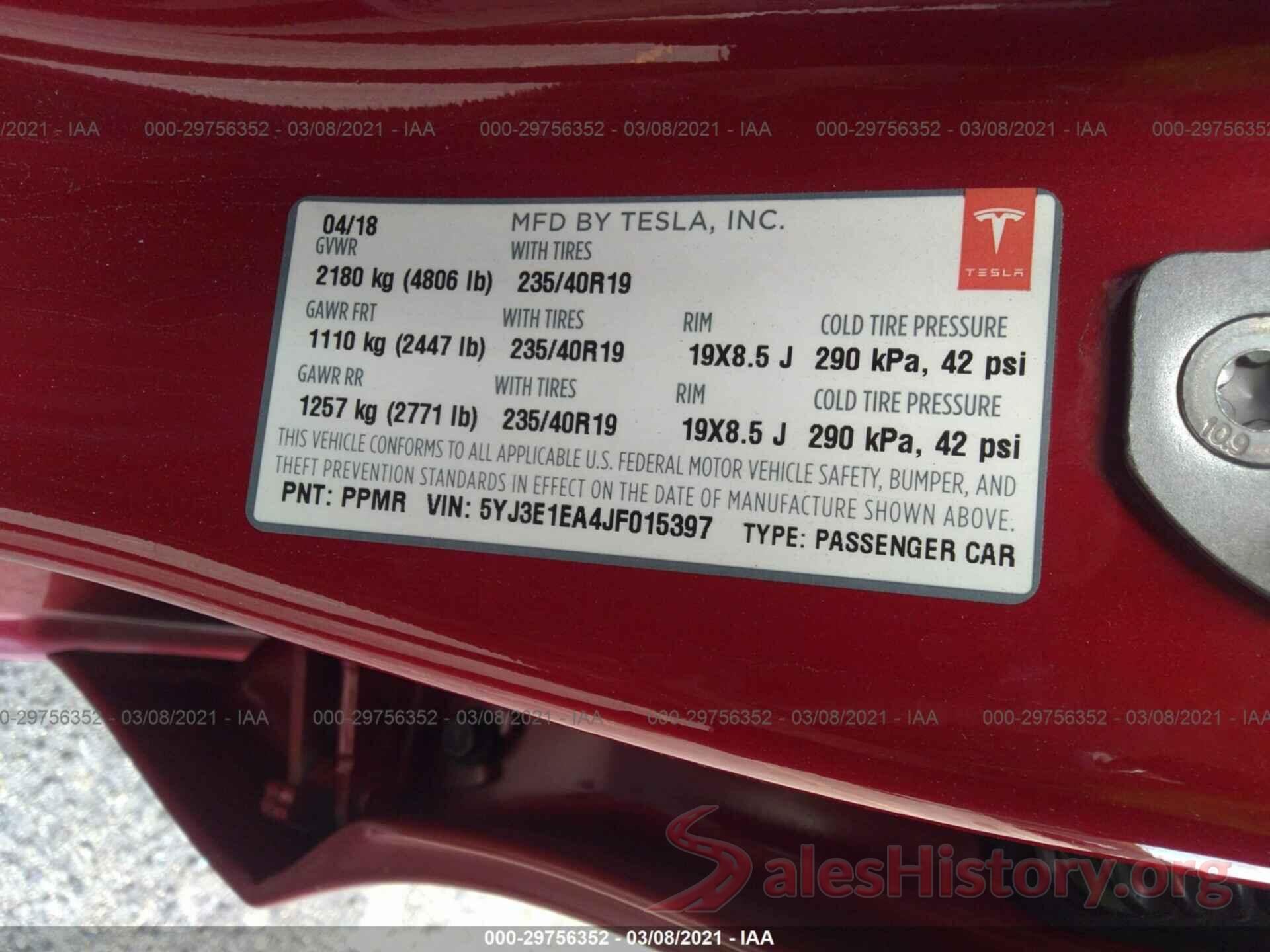 5YJ3E1EA4JF015397 2018 TESLA MODEL 3