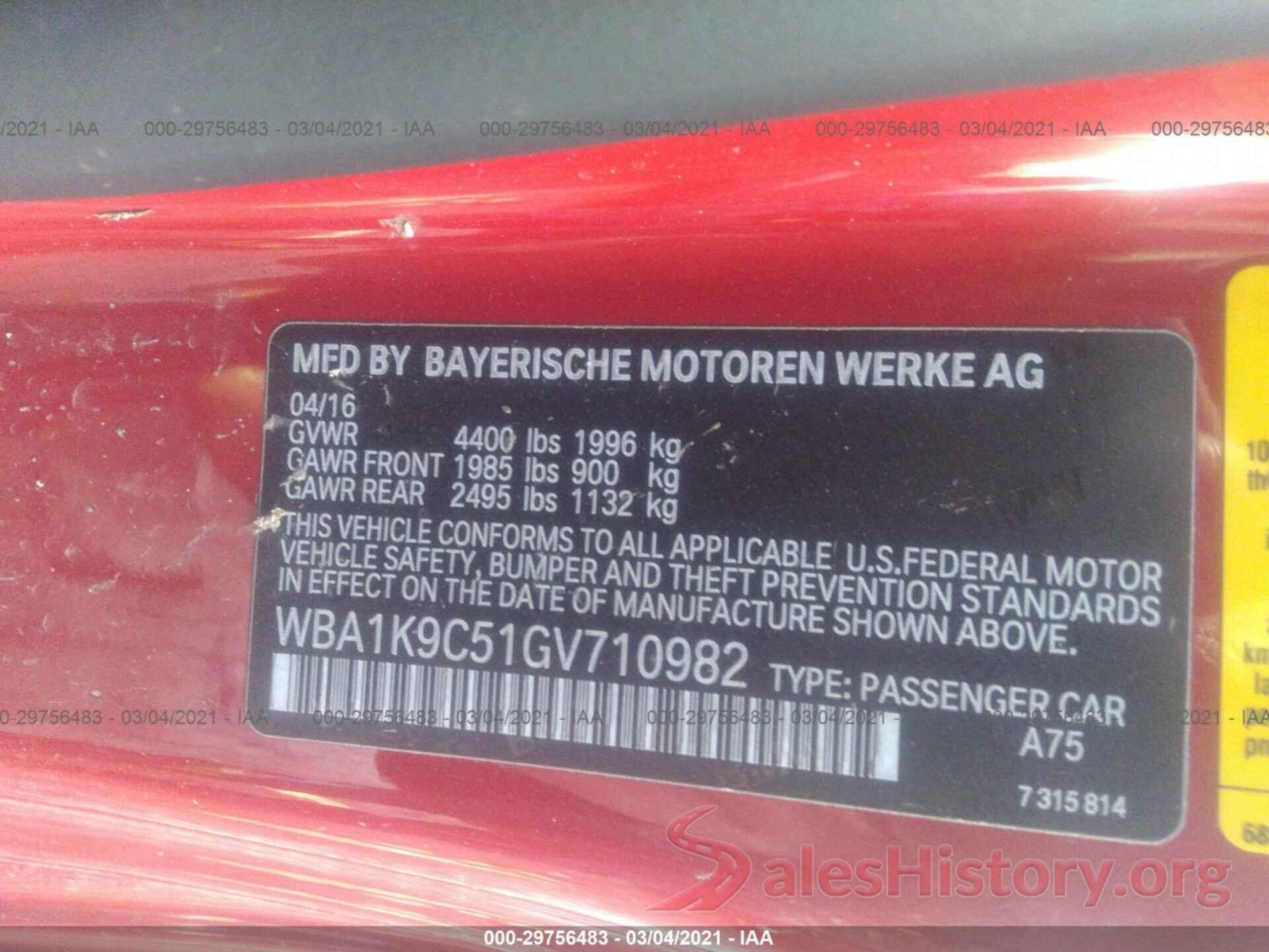 WBA1K9C51GV710982 2016 BMW 2 SERIES