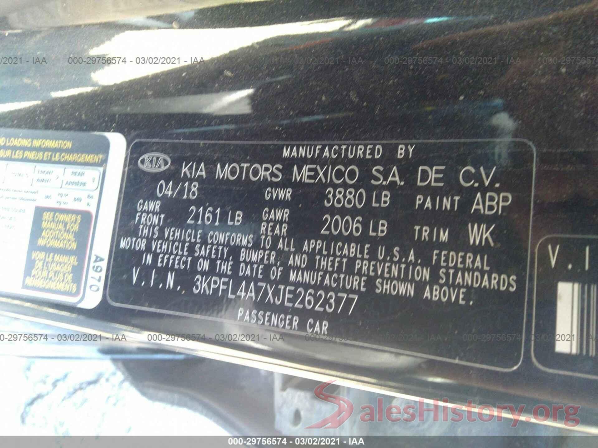 3KPFL4A7XJE262377 2018 KIA FORTE