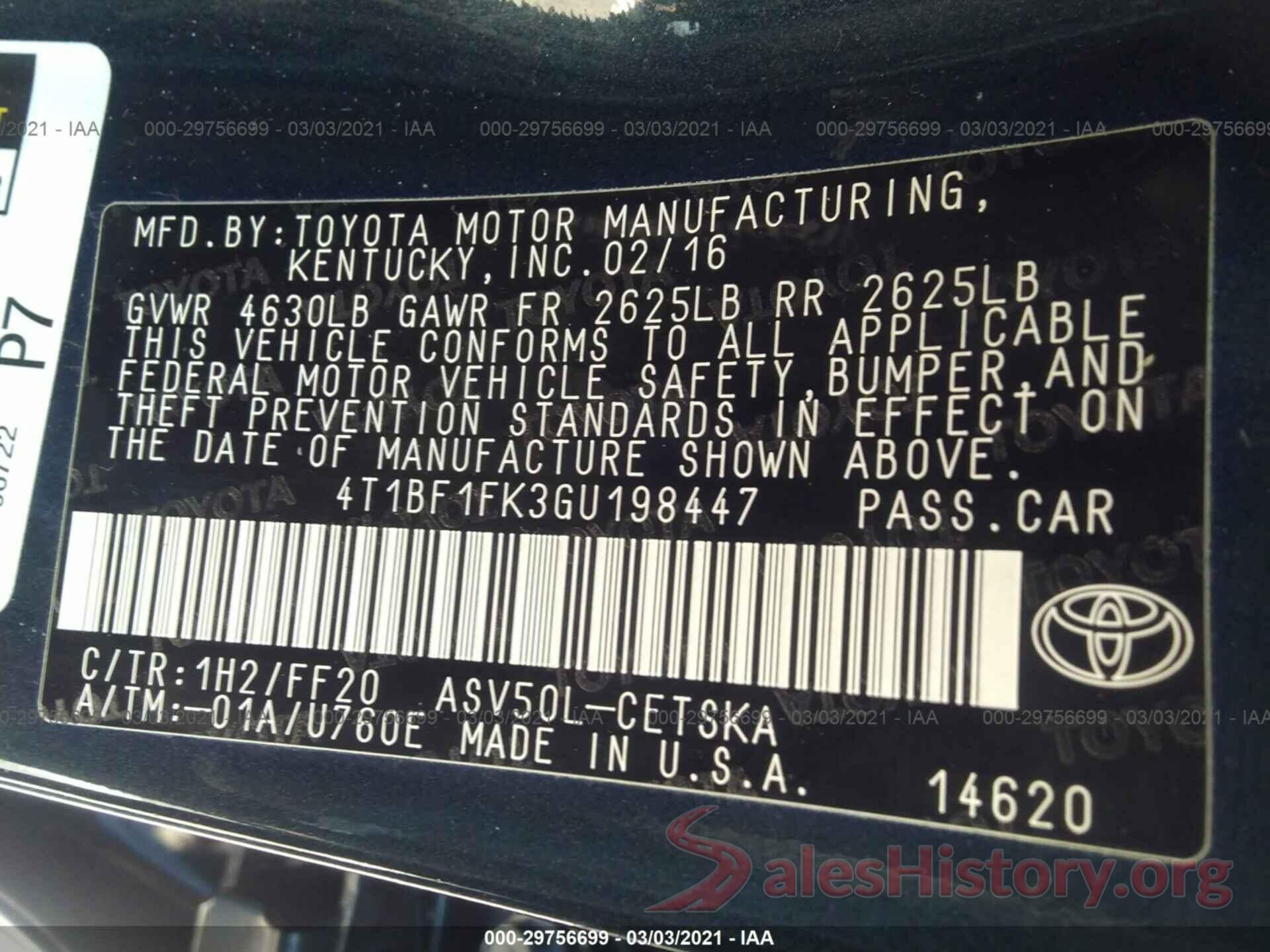 4T1BF1FK3GU198447 2016 TOYOTA CAMRY