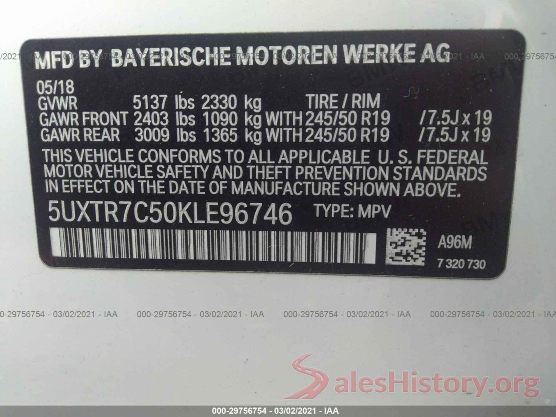 5UXTR7C50KLE96746 2019 BMW X3