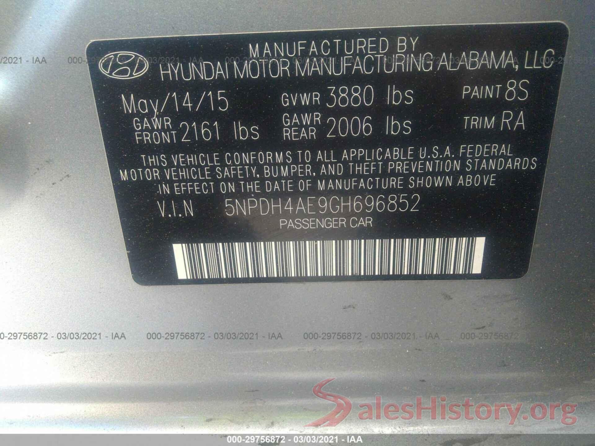 5NPDH4AE9GH696852 2016 HYUNDAI ELANTRA