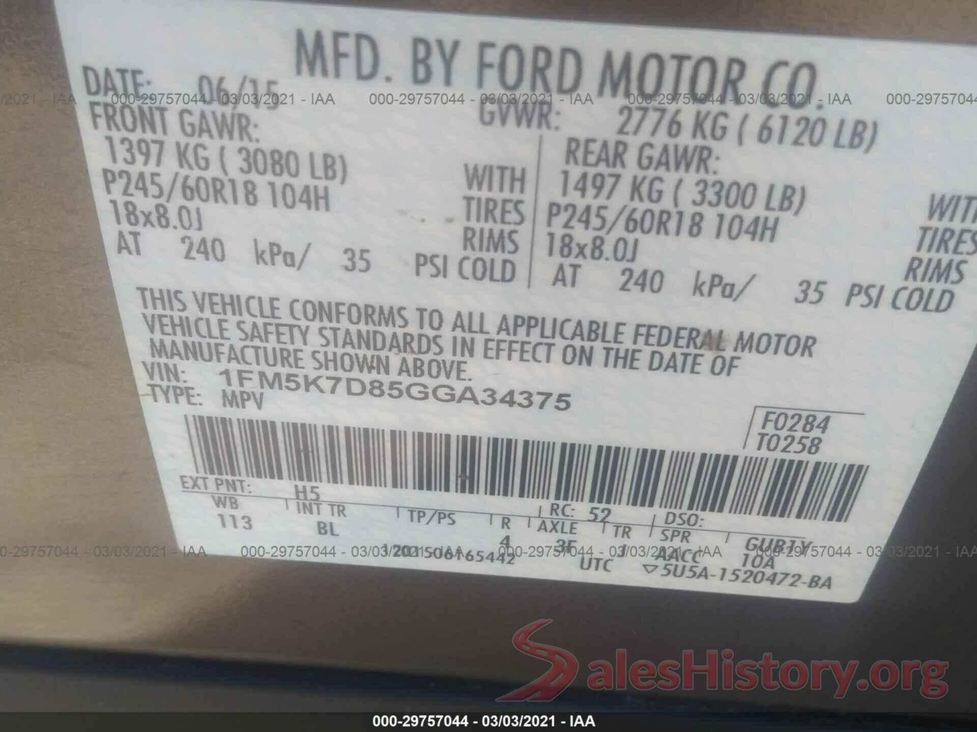 1FM5K7D85GGA34375 2016 FORD EXPLORER