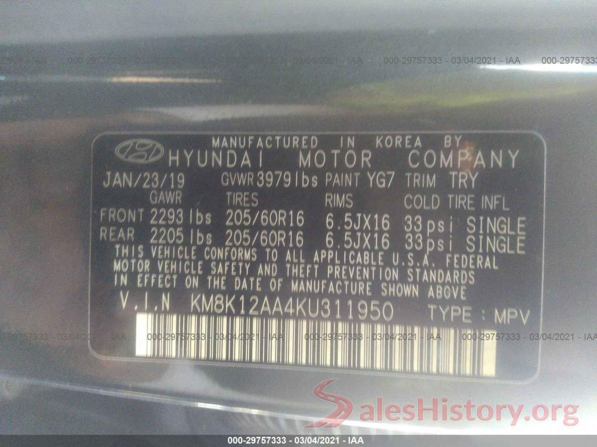 KM8K12AA4KU311950 2019 HYUNDAI KONA