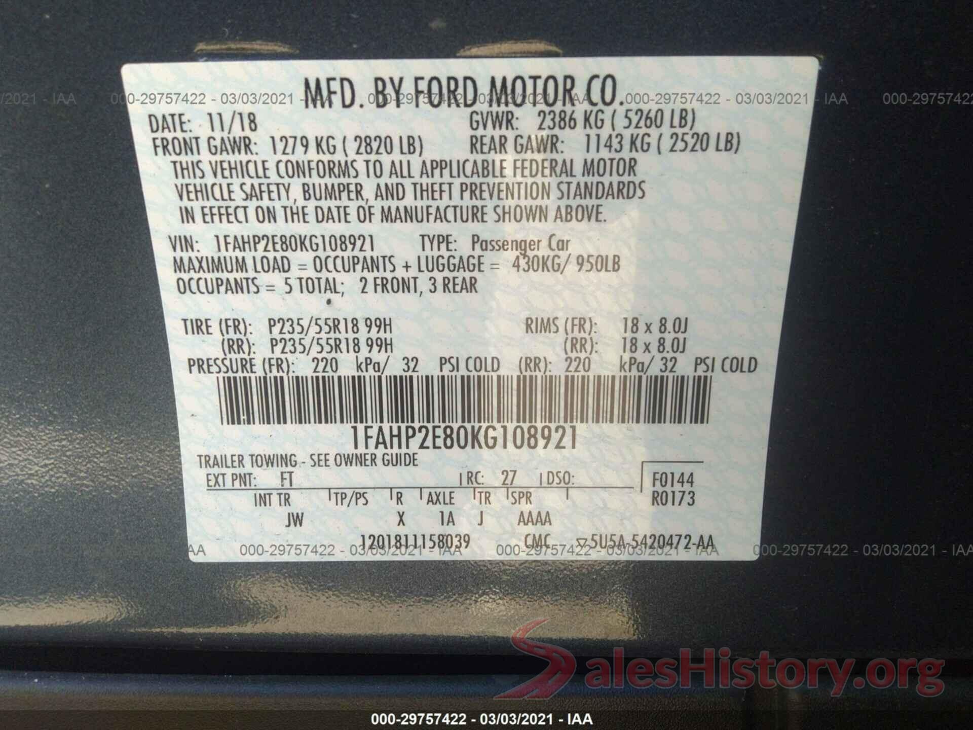 1FAHP2E80KG108921 2019 FORD TAURUS