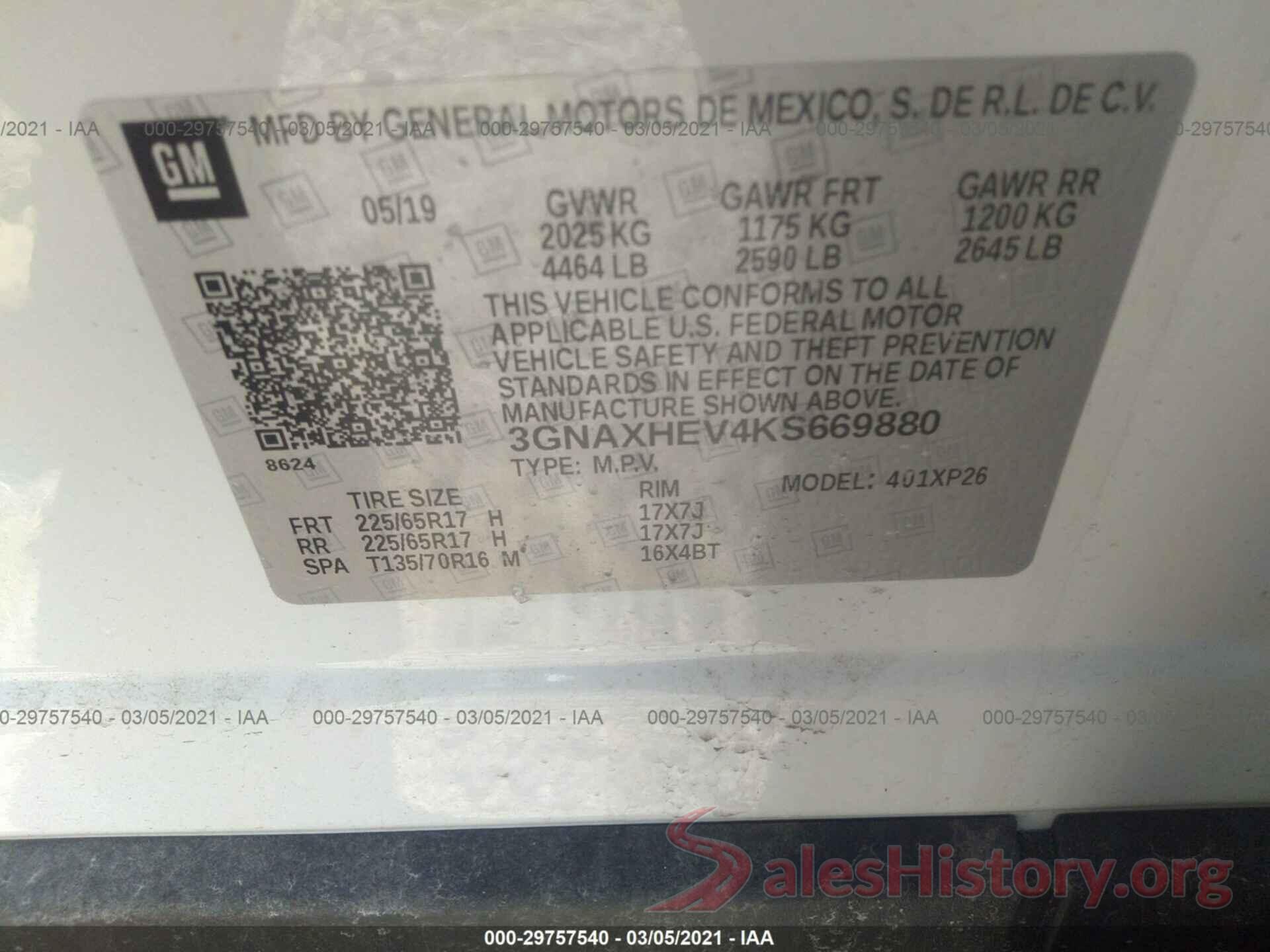 3GNAXHEV4KS669880 2019 CHEVROLET EQUINOX