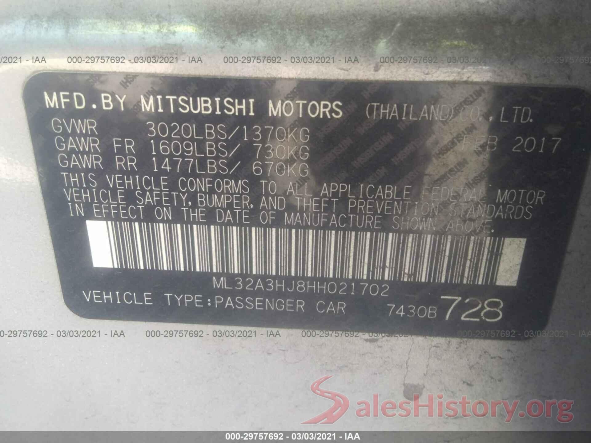 ML32A3HJ8HH021702 2017 MITSUBISHI MIRAGE