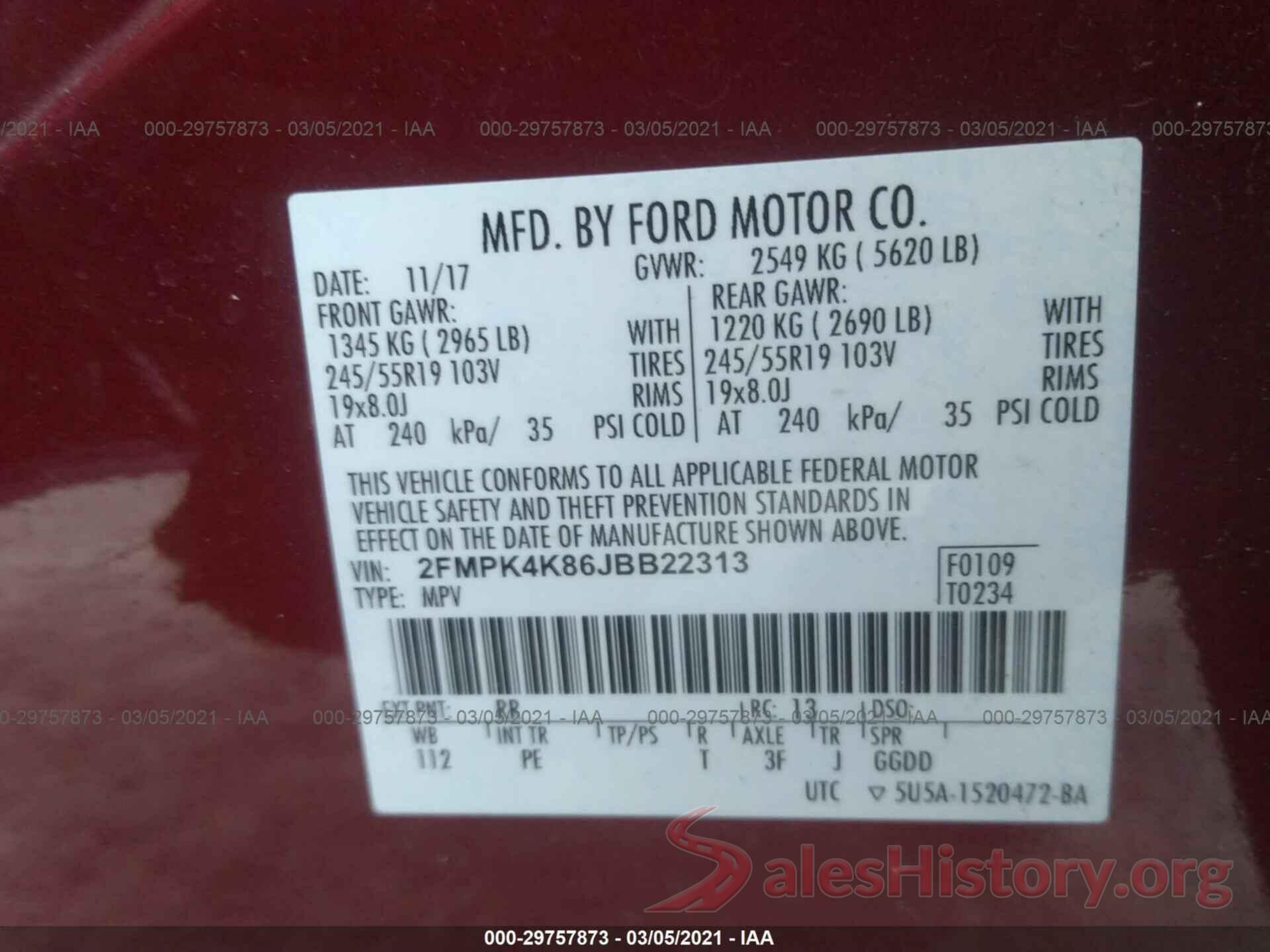 2FMPK4K86JBB22313 2018 FORD EDGE