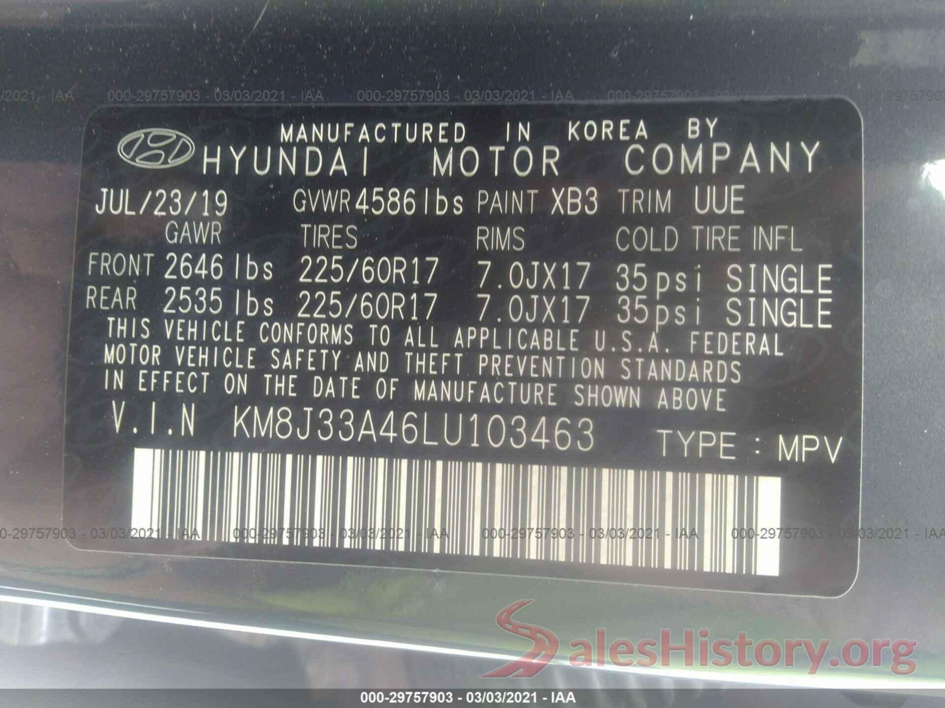 KM8J33A46LU103463 2020 HYUNDAI TUCSON