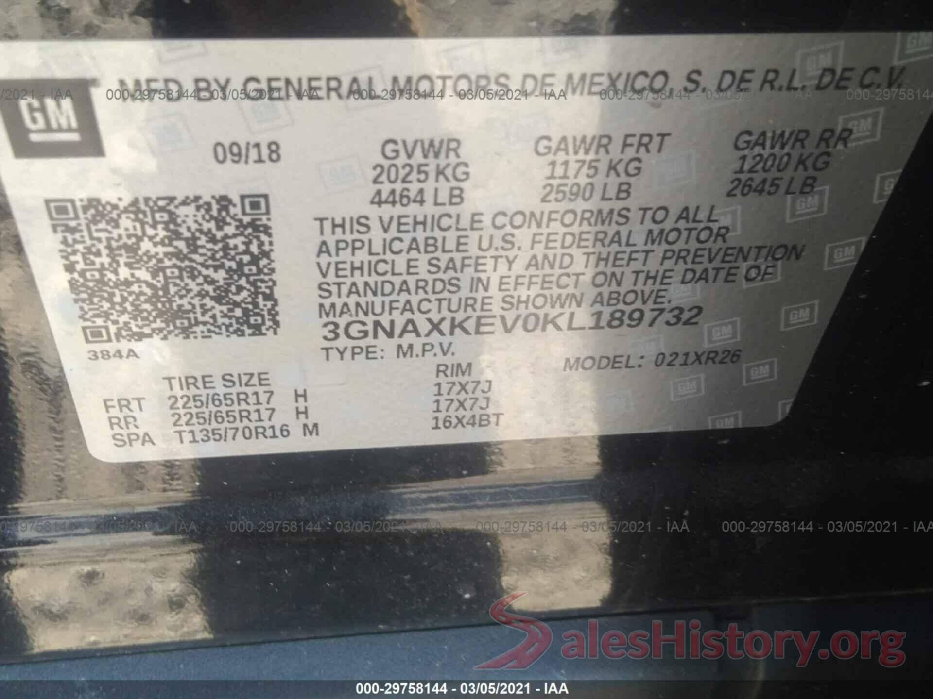 3GNAXKEV0KL189732 2019 CHEVROLET EQUINOX