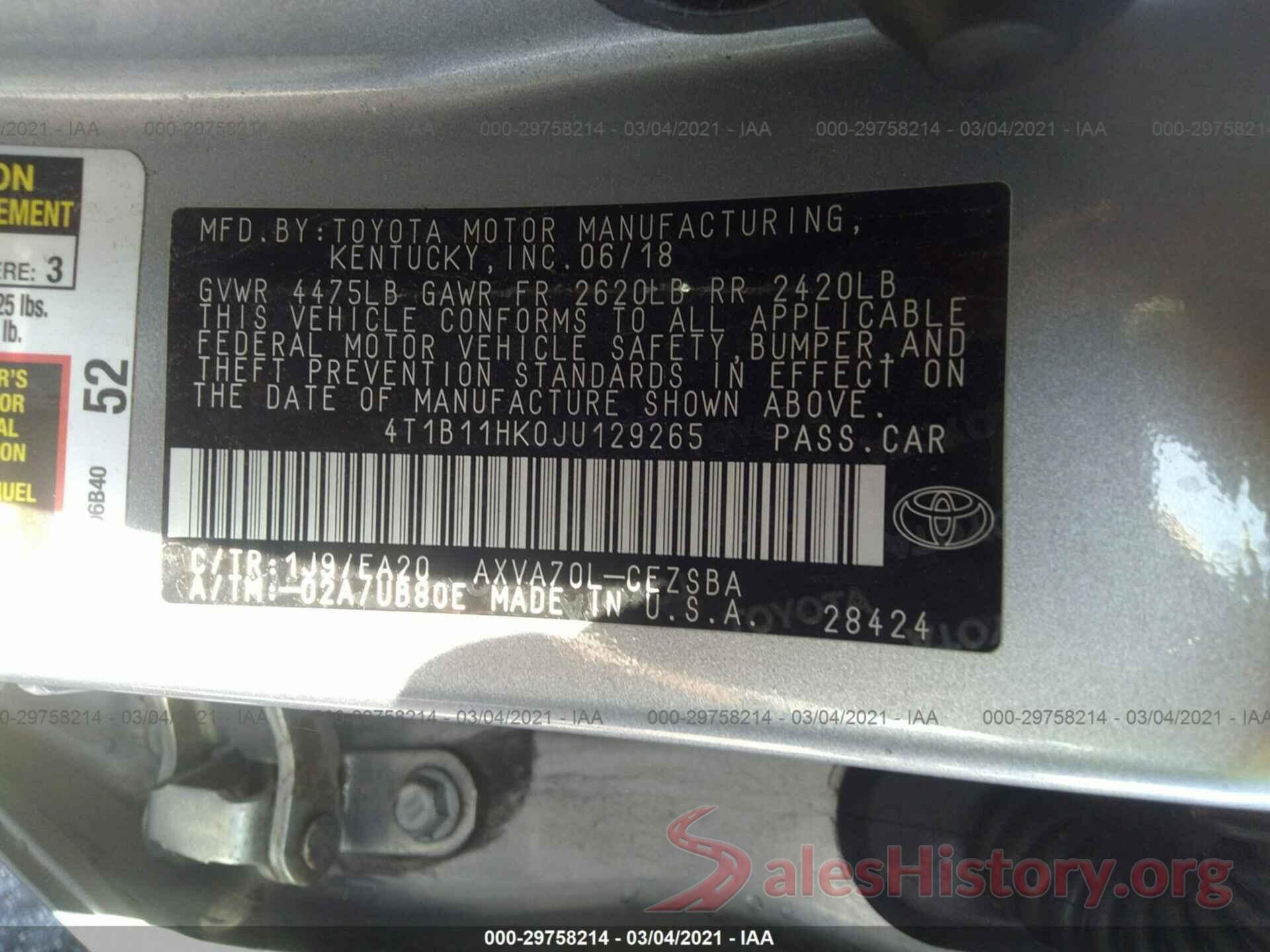 4T1B11HK0JU129265 2018 TOYOTA CAMRY