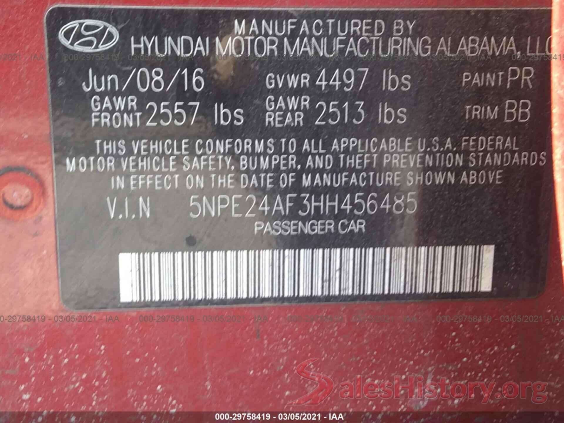 5NPE24AF3HH456485 2017 HYUNDAI SONATA