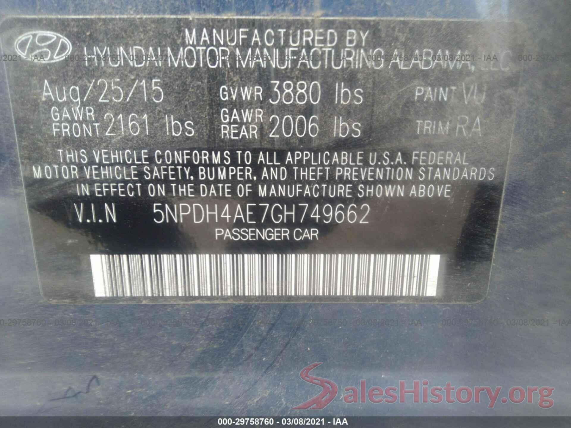 5NPDH4AE7GH749662 2016 HYUNDAI ELANTRA