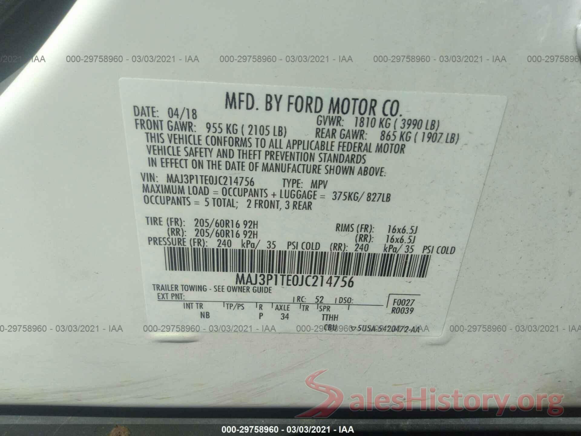 MAJ3P1TE0JC214756 2018 FORD ECOSPORT