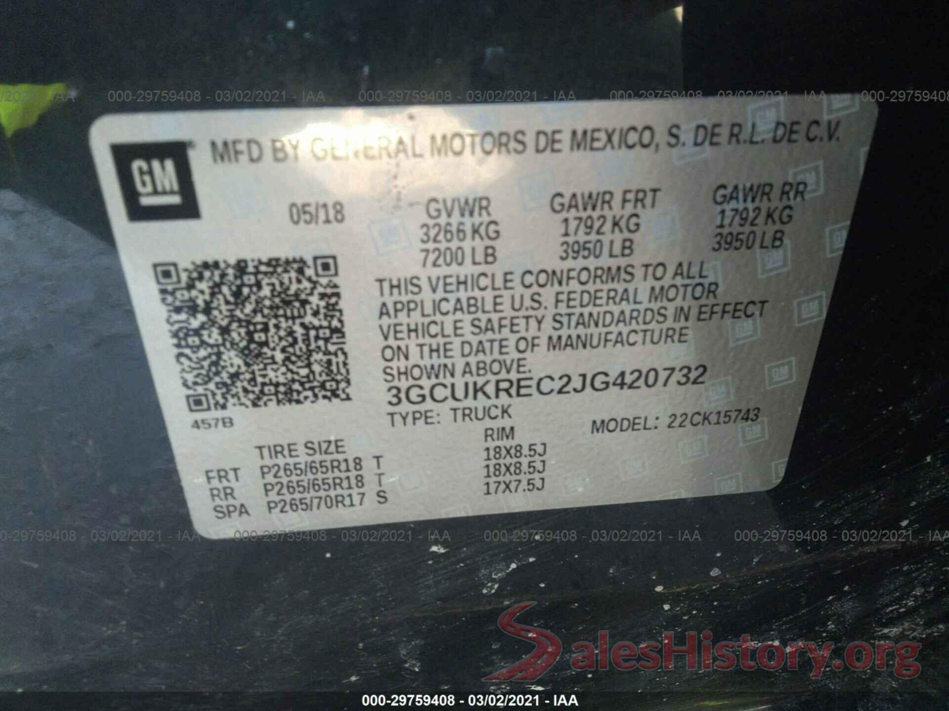 3GCUKREC2JG420732 2018 CHEVROLET SILVERADO 1500