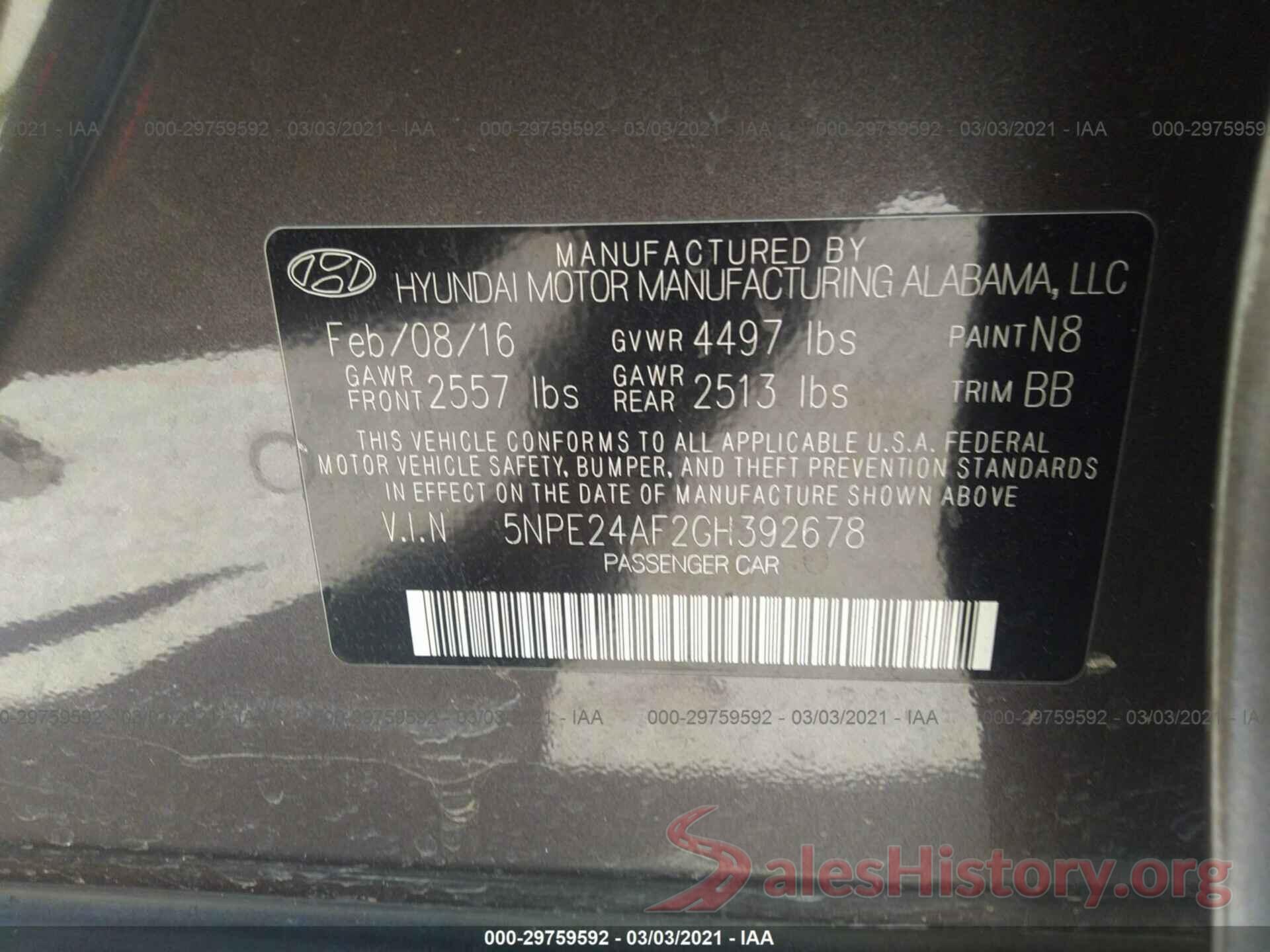 5NPE24AF2GH392678 2016 HYUNDAI SONATA