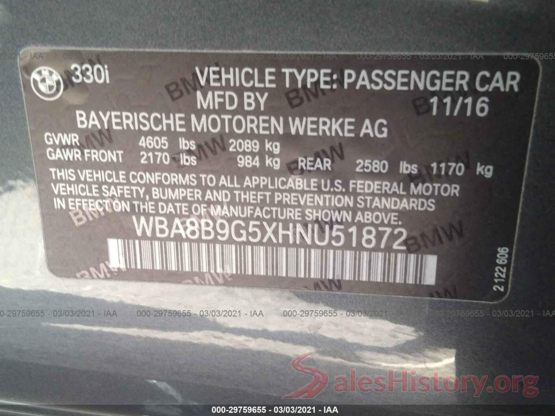 WBA8B9G5XHNU51872 2017 BMW 3 SERIES