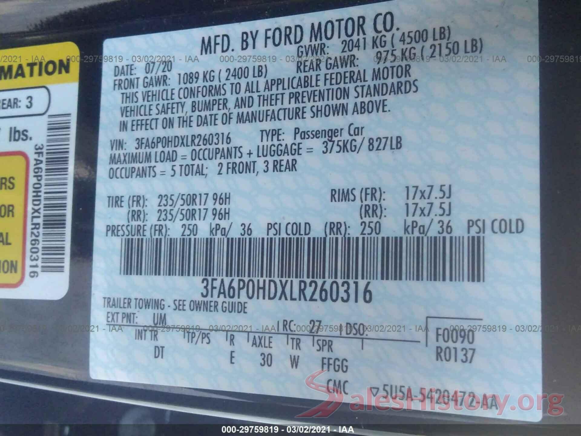 3FA6P0HDXLR260316 2020 FORD FUSION