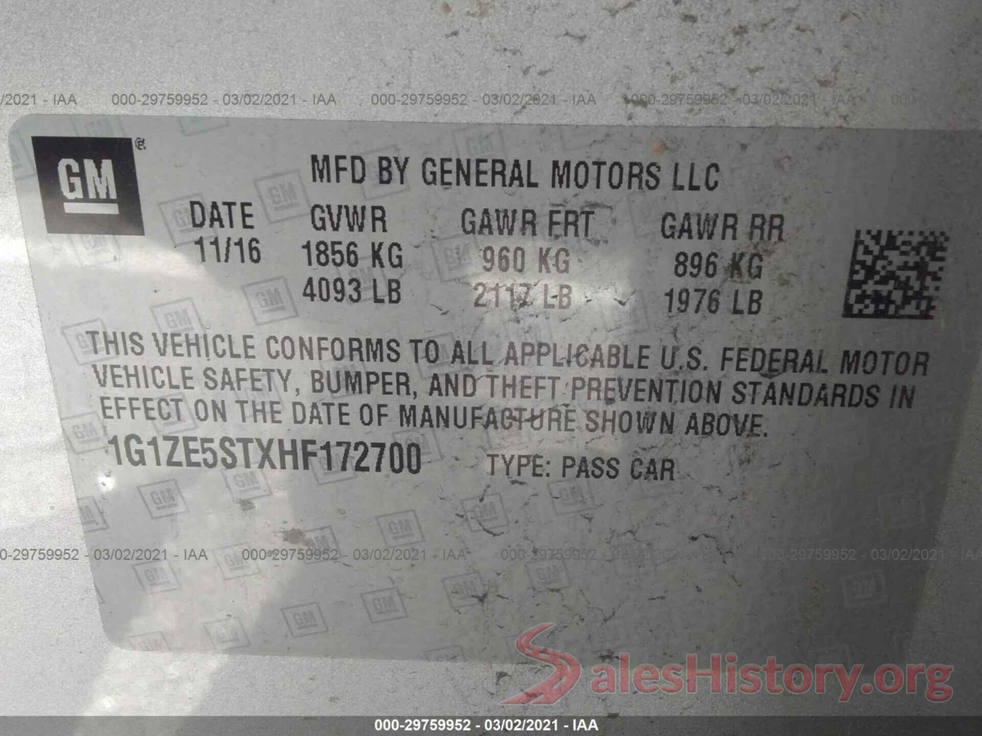 1G1ZE5STXHF172700 2017 CHEVROLET MALIBU