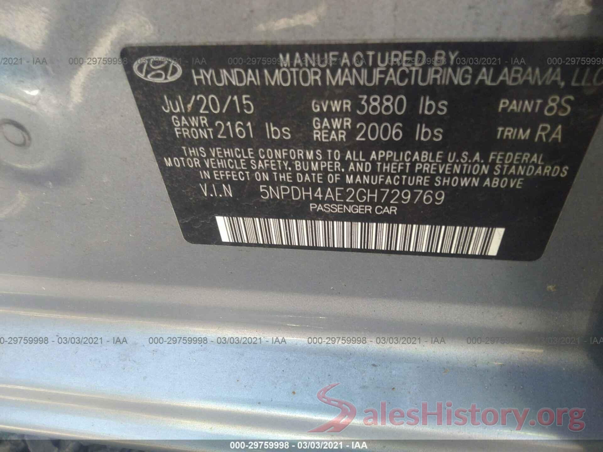 5NPDH4AE2GH729769 2016 HYUNDAI ELANTRA