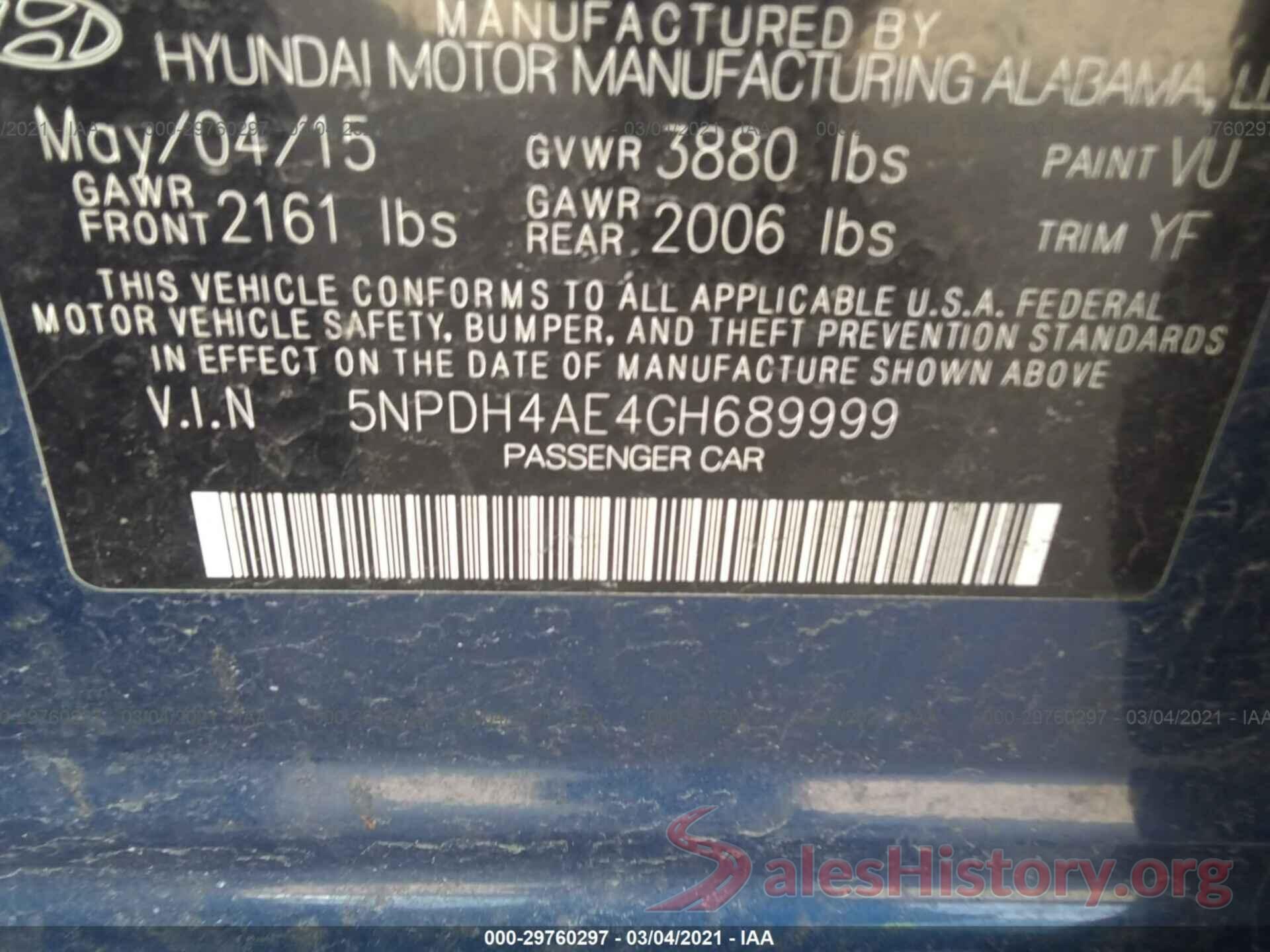 5NPDH4AE4GH689999 2016 HYUNDAI ELANTRA