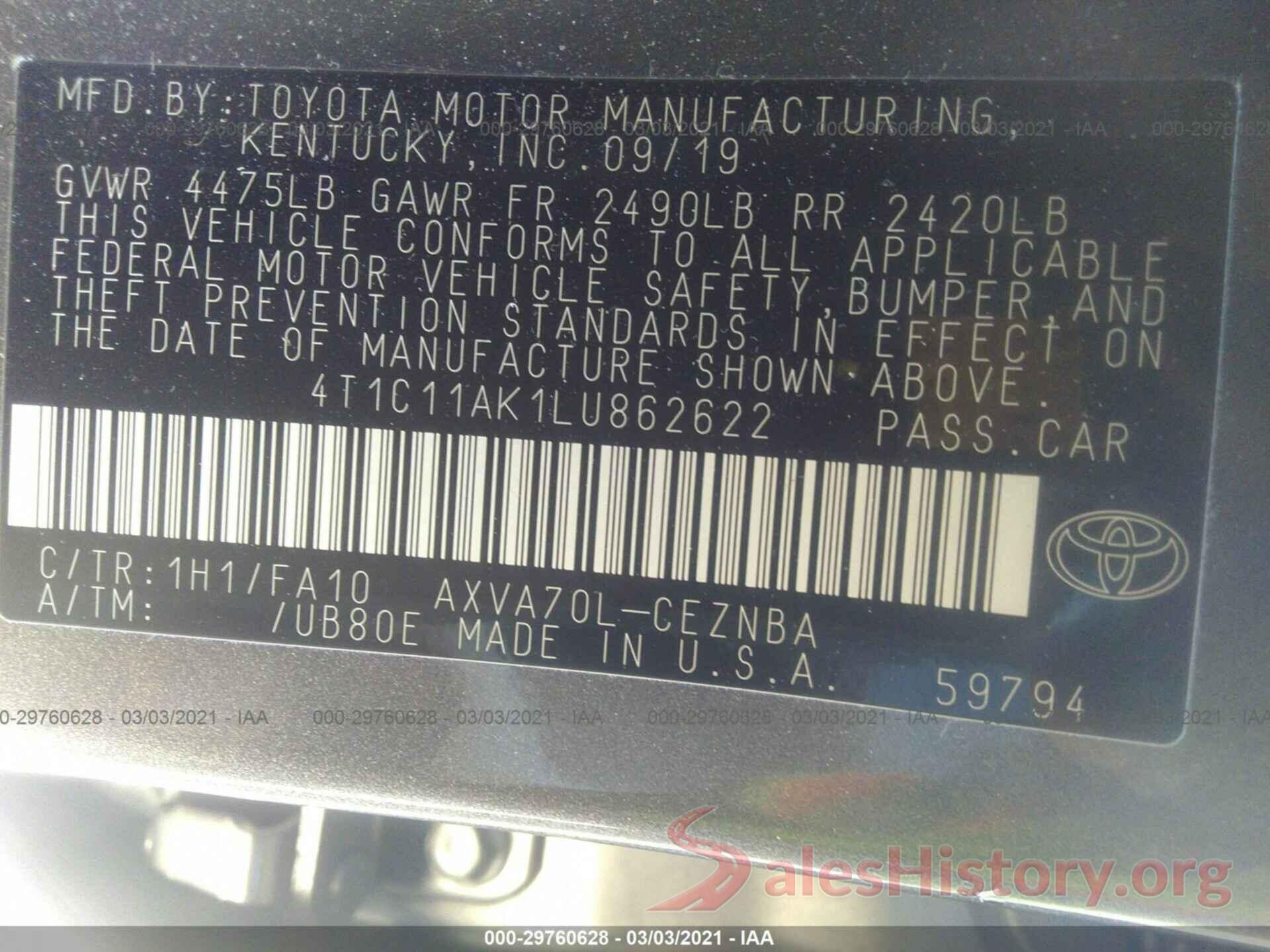 4T1C11AK1LU862622 2020 TOYOTA CAMRY