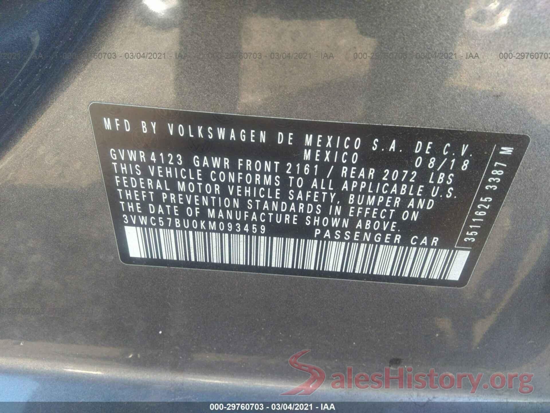 3VWC57BU0KM093459 2019 VOLKSWAGEN JETTA