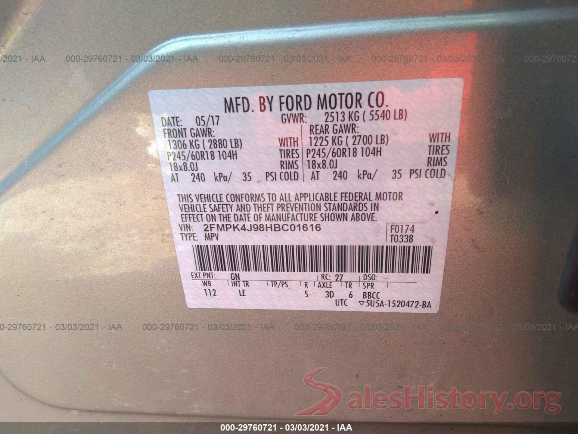 2FMPK4J98HBC01616 2017 FORD EDGE