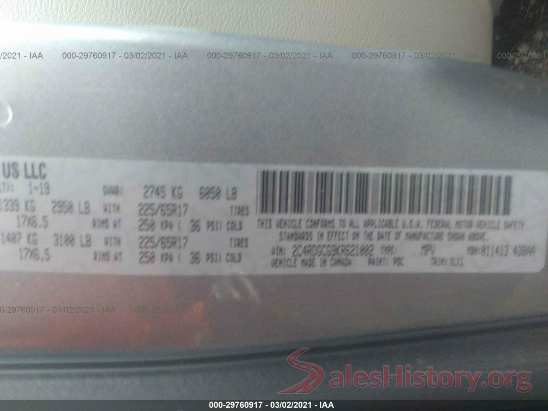 2C4RDGCG9KR621002 2019 DODGE GRAND CARAVAN