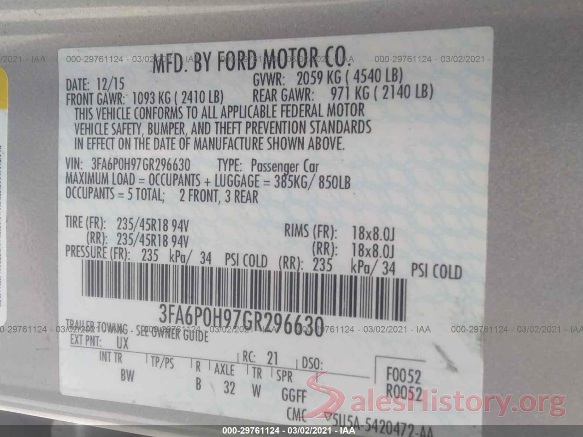 3FA6P0H97GR296630 2016 FORD FUSION