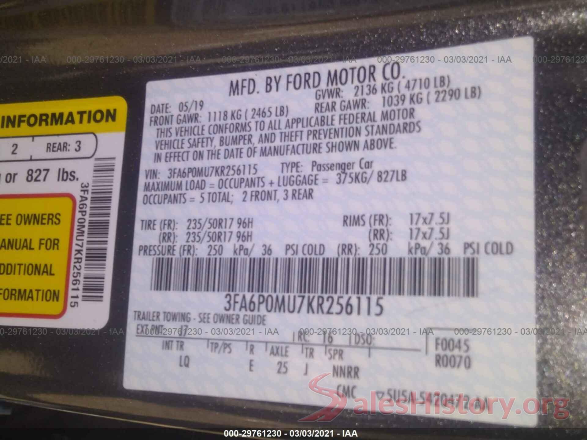 3FA6P0MU7KR256115 2019 FORD FUSION HYBRID