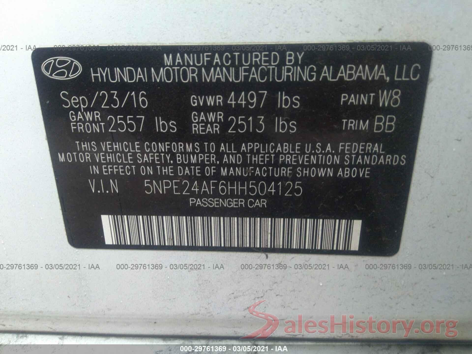 5NPE24AF6HH504125 2017 HYUNDAI SONATA